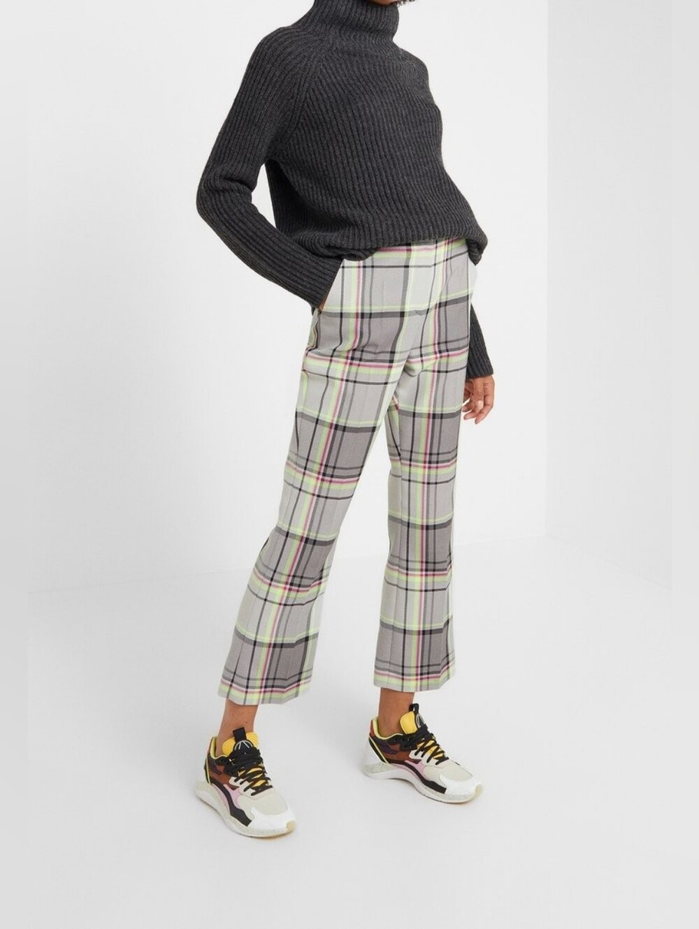 Escada Sport Golf Plaid Cotton Boot-Cut Pants Gray Neon Accents 8